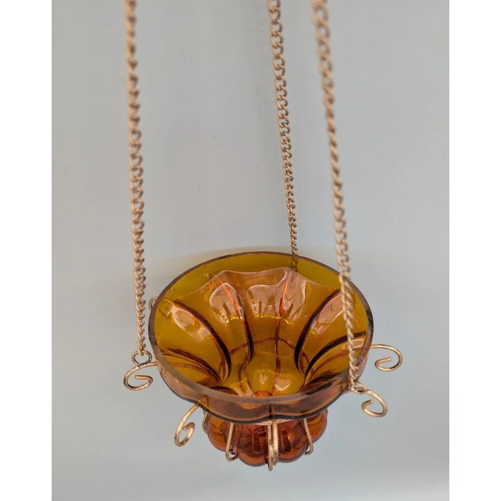 Vintage Hanging Amber Glass Planter 16